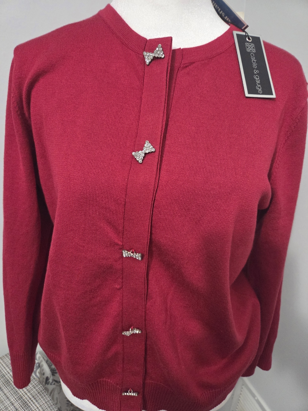Cable & Gauge Cranberry Bow-Button Cardigan